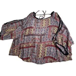 Elodie Red Blue Patterned Top Open Back Cold Shoulders Short Sleeve Bohemian S